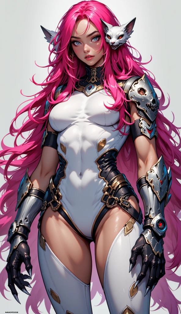sensual, ((long pink curly hair)), thick thighs, 8k, 4k, highest quality, High resolution:1.2), cute anime face, noise reduction, ((shining blue eyes, gentle smile, kind eyes))、toned abdominal muscles, muscular arms, muscular legs, young face, anime eyes, (((big breasts、A chest that is about to burst)))、(((whole body)))、(((Rear view、I'll turn around、emphasize the buttocks、T-back that digs into your butt)))、(((white thong thong)))、battle armor、armor