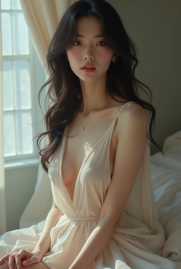 (high details:1.4)、(surrealism:1.4)、(soft lighting:1.05)、32,000、1 woman、realistic lighting、face lighting、ray tracing、(brightened light:1.2)、(improve quality:1.4)、(Realistic textured skin of the highest quality:1.4)、original photo, lifelike, full body woman love, bed, soggy, big bust, stylish hairstyle, pale skin, black eye, pink lips, (Beloved), (:1.1), ~Through, detailed background, detailed face, delicate eyes, good hair, Anatomically correct body, elastic skin, make up, masterpiece