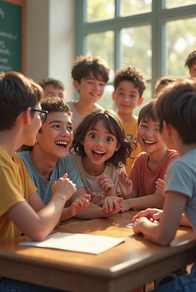 A highly detailed and ultra-realistic 3D image of a diverse group of students, aged 10 to 18, captured in a joyful moment. The students are outdoors, gathered together in a bright, welcoming environment, with expressions of happiness and excitement as they engage in activities like reading, playing, and chatting. The background features subtle yet festive elements such as banners and posters promoting Statewide Student Week. The scene is shot in high definition, with lifelike skin textures, natural lighting, and rich colors, rendered in 8K resolution, making it ideal for a promotional campaign celebrating the importance of students and education.