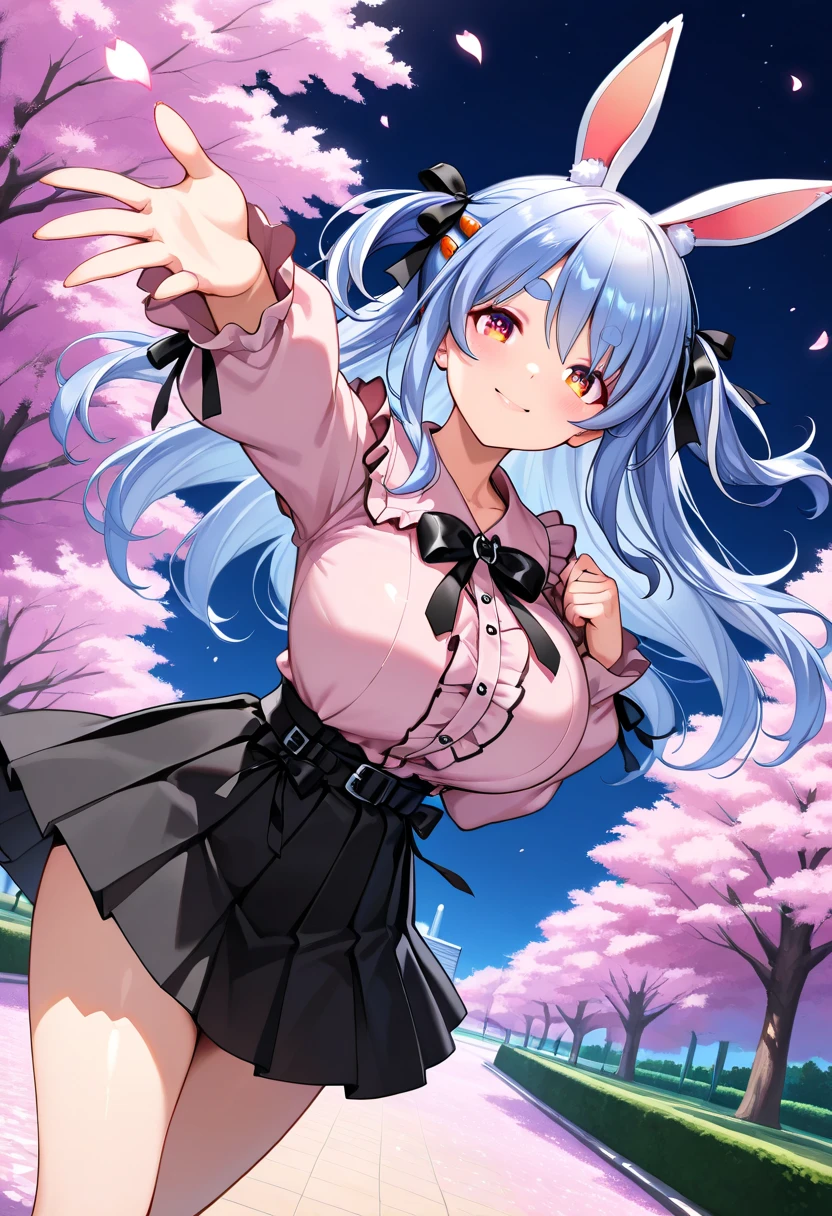 1girl, solo, village, trees, sun, clouds, ((colorful hair)), ponytail, large breasts, ((bunny girl)), cleavage, blue eyes, grin, looking at the viewer, ((standng)), hair ribbon