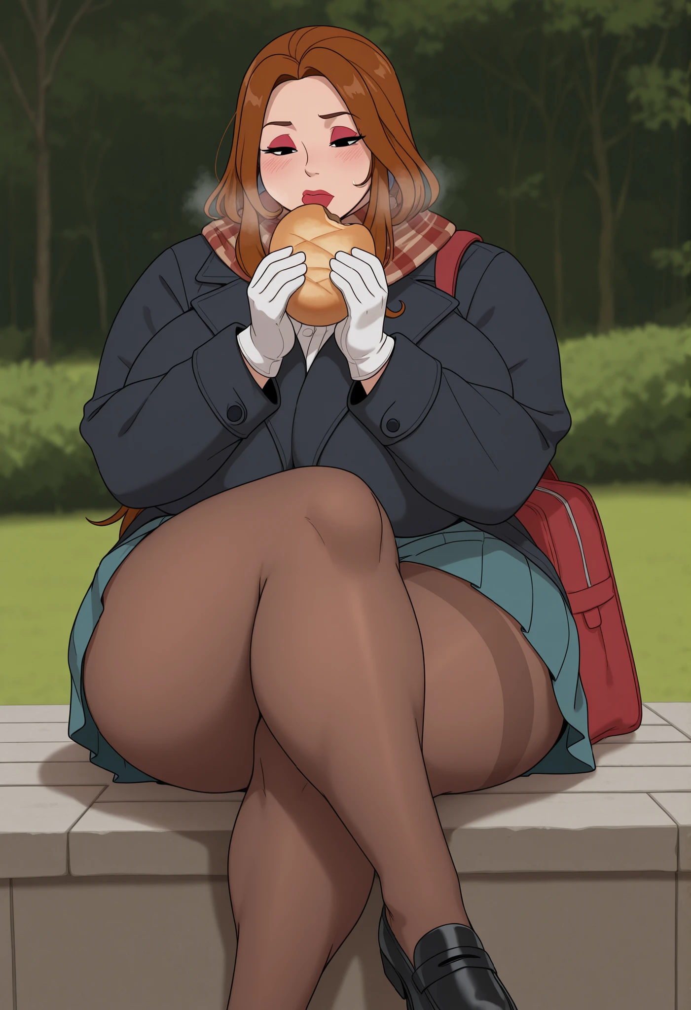 Debra, . Pale red lipstick, brown hair,black eyes, pale red makeup, long hair, thick , chubby, overweight, mature woman. | highres,absurdres,very awa,masterpiece,best quality,newest,lineart,chiaroscuro,Natural Light,Mood Lighting,cinematic lighting,volumetric lighting,ray tracing,dramatic shadows,dappled light,photo background, \\, ,solo,(close-up:1.5),(portrait:1.1),upper body,long sidelocks,White dense eyelashes,sitting,outdoors,bag,bread,plaid scarf,gloves,long sleeves,black footwear,crossed legs,black coat,brown pantyhose,breath,pleated skirt,skirt,skirt,blush,holding,eating,