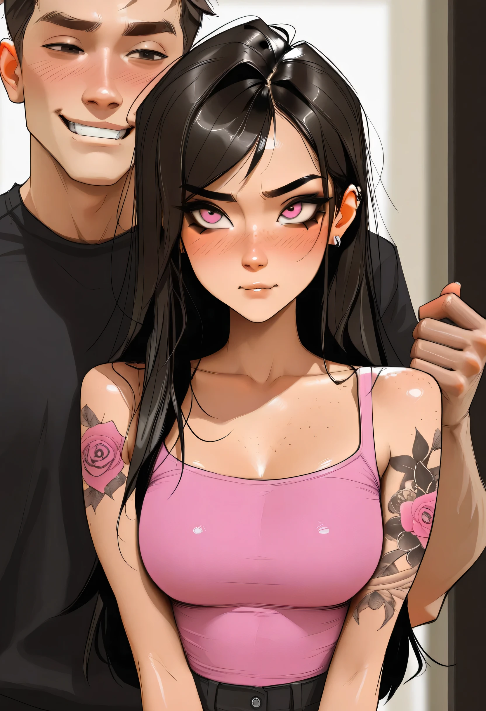 masterpiece, best quality, very aesthetic, movie quality, depth of field, soft saturation, focused subject, ,official style, shiny skin,1girl, long hair, long black hair, pastel pink_eyes, swept bangs, tattoos, feline eyeliner, e-girl, slender body,, (M1lkG0re:1.2), ,, medium breasts, , , shirow masamune, sam yang, full-body-tattoos, , dark eye makeup, freckles, blush, piercings, nose stud, , girl is cheating on her boyfriend, (((netorare, jealous boyfriend))), teasing expression, bbc, ntr, cuckold,, after sex, feigning innocence, hiding evidence of sex, disheveled appearance, Trixie Tang, disheveled clothes, big cock off screen