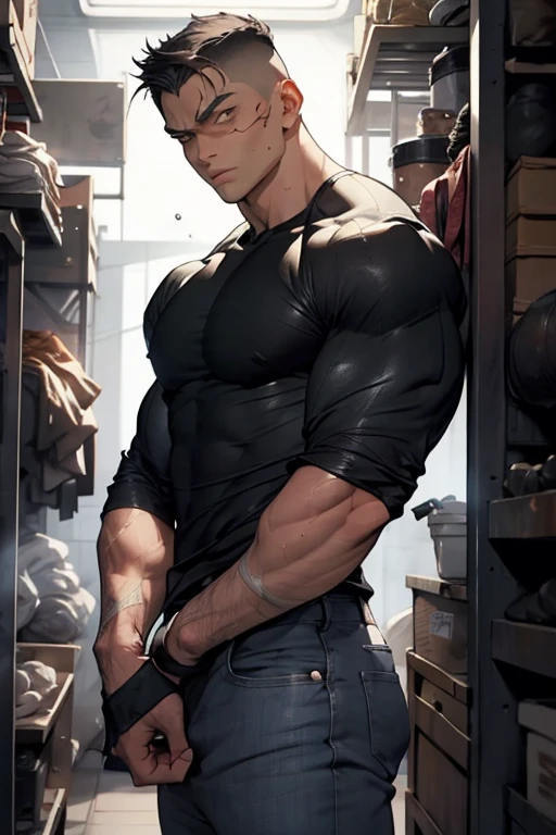 (masterpiece, best quality ), 1man, extremely masculine muscular character, very muscular,  lightning bolts from fingers, short hair, brown eyes, intricate, (living room) , full body, pink vest, open vest, torn clothes, giant, vivid colors,(depth of field:1.2),(abs),blush, looking at viewer, sitting on couch,  shirtless, visible pectorals, extremely muscular, huge bulge, long hair,