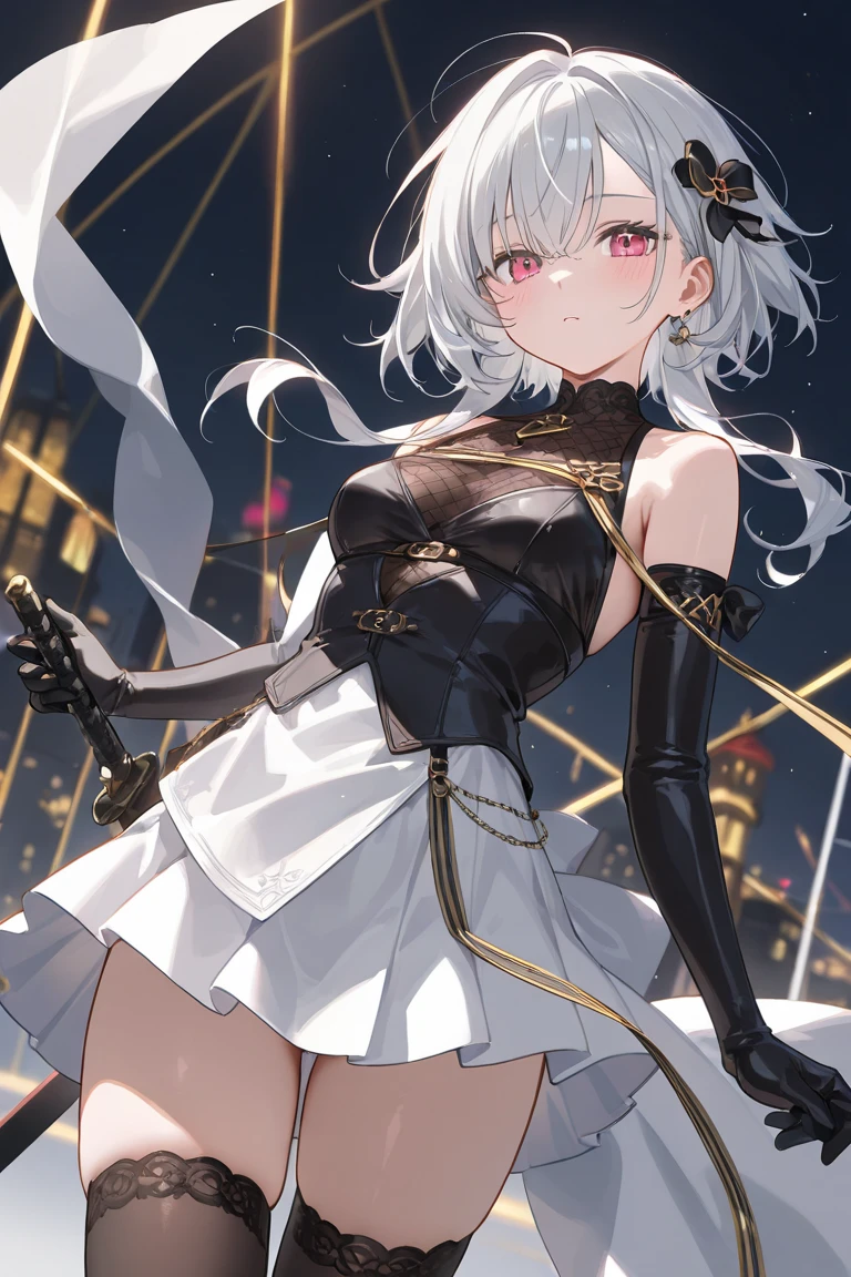 1girl, anime, cute girl, blank background, white background, fantasy, detailed fantasy dress with highlights, beautiful face, beautiful eyes, dark colors, black hair with multicolor streaks, red eye with different color pupil in eye, multicolor eye, medium breasts, slight cleavage, beautiful skin, cute, breast curtains, extremely delicate and beautiful, (beautiful detailed face:1.0), (detailed deep eyes), symmetrical breasts, deep eyes, shiny skin, portrait, slender waist, hips wider than shoulders, thighs, expressionless, young girl, luminous eyes, adorable，（Kpop idol）,（aegyo sal：1），（Platinum blonde hair：1），（（puffy eye）），Black panty，sexy posture，Superskirt, Ultra-high resolution，Black collar，slim figure, Abdominal y tattoo, womb tattoo，Tight-fitting leg ring，y tattoo on half-body，Bare skin, Armored hand，Hidden fingertips，Hand covered，Arm covered，Fist covered,{{beautiful detailed fingers}}, tufts of hair, moderate beautiful breast:1.0,(masterpiece:1.2), best quality, high-res, HDR, perfect face, intricate armor, delicate blue filigree, intricate filigree, red metalic parts, detailed part, dynamic pose, dynamic lights, cute face, neutral expression