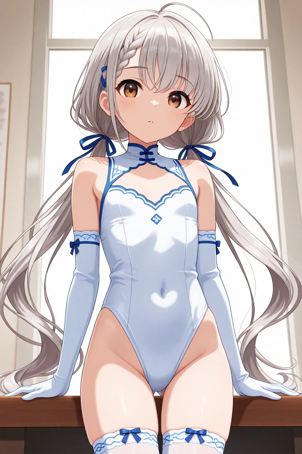 highest quality、Highest quality、Beautiful eyes、Very delicate and beautiful、Beautiful eyes、Pink Eyes、Soio、Soio、11-year-old girl、Japanese、、Chiquita、Noble、Primary school students、Black Hair、barefoot、(Judo)、(((White leotard)))、(High leg)、Tiara on head、smile、Standing, facing forward、The background is the changing room
