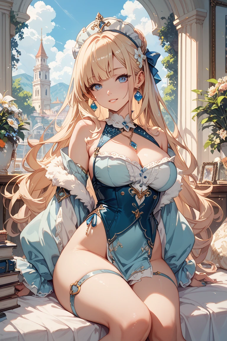 Melody Mark,Absurd, Very detailed,Bright colors,Look straight,(Sleeveless lift:1.6),(Fashionable bras:1.5) ,Long Hair, , Asymmetrical bangs, short twin-tailed blonde hair, Shiny Hair, Delicate and beautiful features, blush、(Deep blue eyes:1.3), White skin, Valletta, Earrings, necklace, Brown clothes, Beautiful Clouds, Twilight Sky,garden