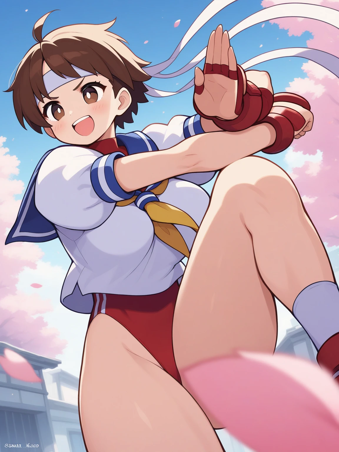 A warrior girl she only has one eye without a bra and skirt showing her tight white panties using a katana in a retrowave setting