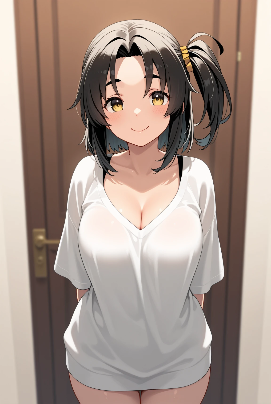 A 50 year old beautiful Japanese female doctor examining in the examination room of a Japanese practitioner, (big breasts, big hips), (best quality, masterpiece, 16k, ultra detailed, beautiful skin, professional lighting), (actress: 1.2), (t-shirt, white Doctor’s Lab Coat: 1.2), long ponytail, smile