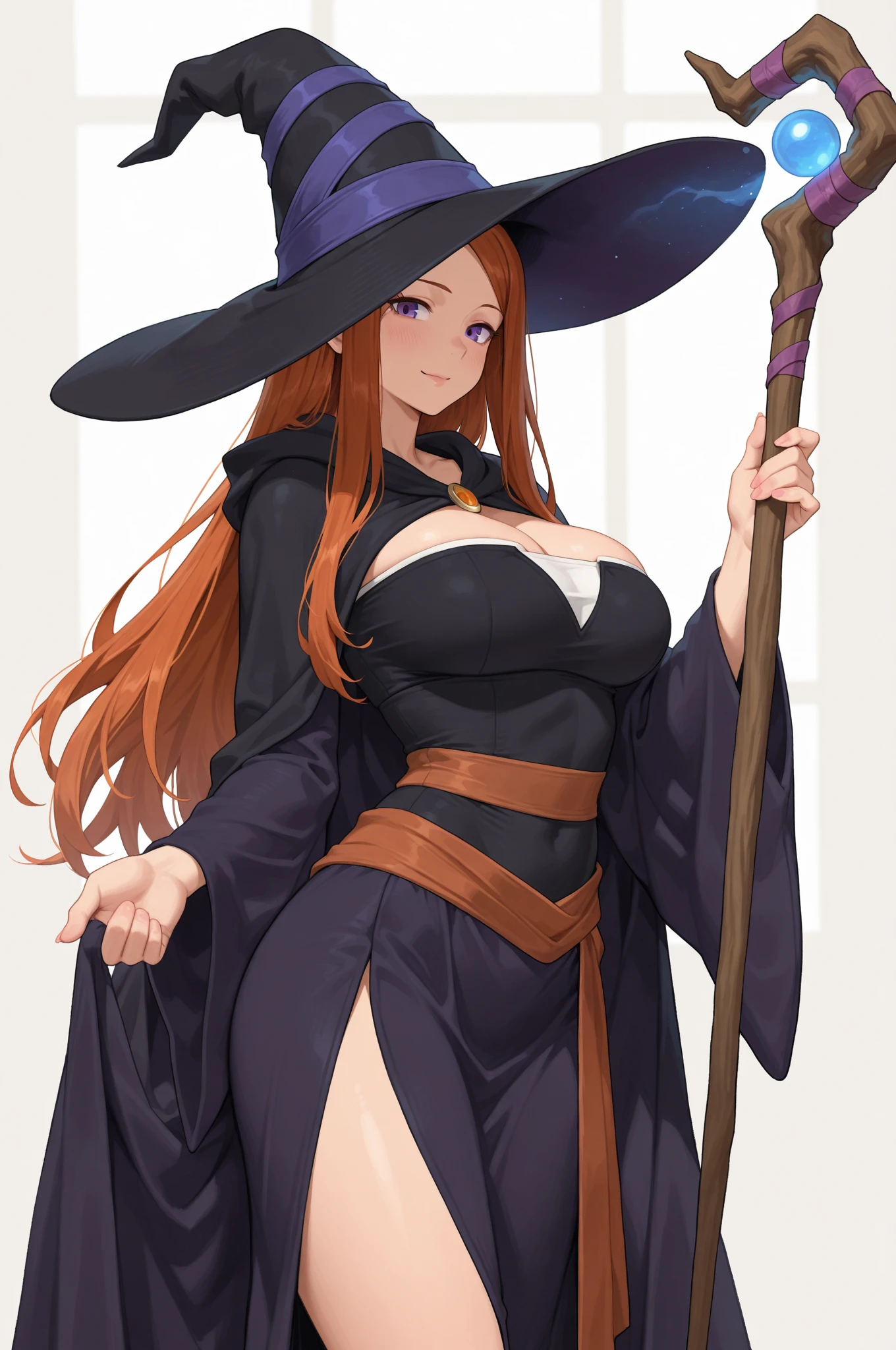 (masterpiece, best quality:1.2), 1girl, solo, sorceress, dragons crown, red eyes, long hair, red hair, hat, dress, large lips, staff, detached sleeves, bare shoulders, cleavage, side slit, strapless dress, (huge breasts:1.3), blank background, black background