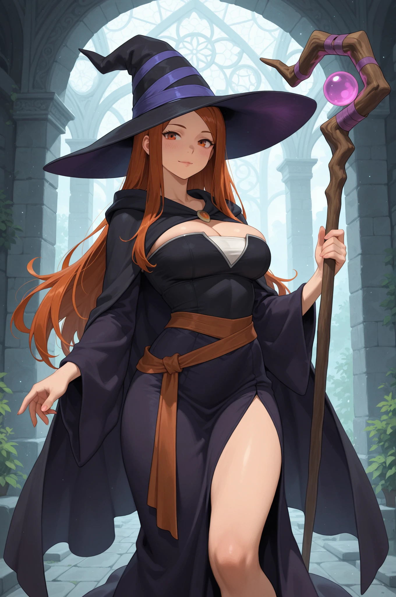 A woman wearing a classic witch's tunic, purple skirt, classic witch's hat, brown hair, long hair, brown eyes, large breasts, exposed shoulder, exposed thigh, voluptuous thigh, black heels, holding a magic staff, walking on a wooden sidewalk. concrete, wide view of a field with grass and some trees, fantasy aesthetics.UHD, masterpiece, accurate, anatomically correct, textured skin, super detail, high quality, best quality, 8k, high resolution, bokeh effect. (woman alone)