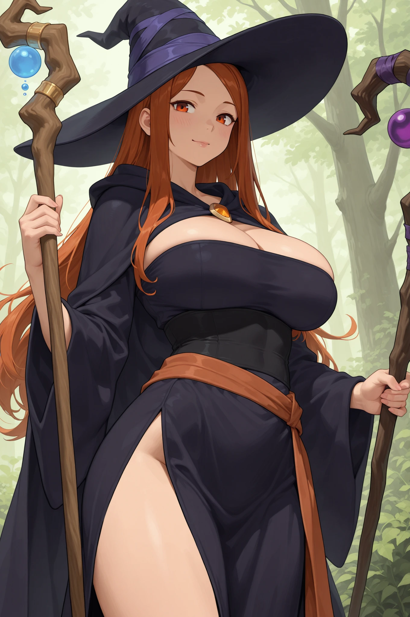best quality, high resolution, forest, (huge breasts:1.2), cowboy shot, sorceress_dragonscrown_aiwaifu, witch_hat, red_hair,absurdly_long_hair, cleavage, brown_eyes, wide_hips, thick_thighs, collarbone, lips, bare_shoulders, strapless, detached_sleeves, dress, strapless_dress, side_slit, staff, legs, smile, skull, hat_over_one_eye, magic, witch, book