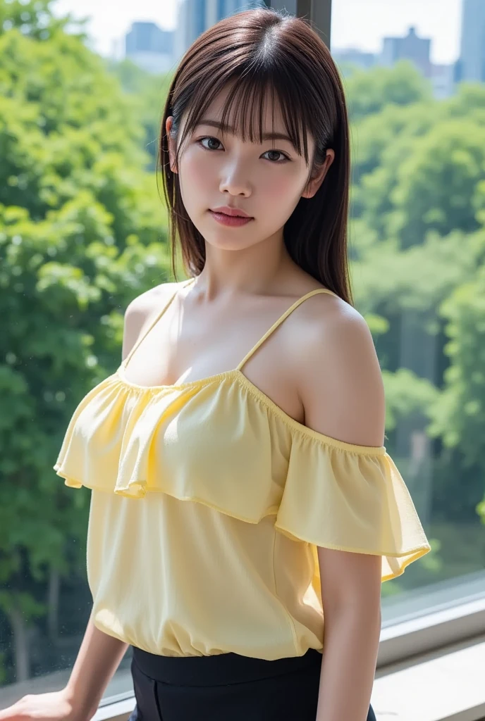 masterpiece, Highest quality,16K, Ultra-high resolution,The light and shadow of reality,Cinema Lenses,(Very skinny),(Very firm and beautiful breasts),((Her waist is so slim and beautiful)),((Very slim and beautiful arms)),((She has outstanding style)),(Pure white beautiful skin),((Large, clear, beautiful eyes)),((Her face is very small)),((Cute Japanese Girls)),((She is wearing a yellow tartan camisole dress.)),((Enjoying swimming in the river)),(Sexy pose),(Beautiful Eyes:1.1),Reflecting clear eyes and a gentle smile,