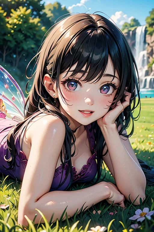 (satin、silk、Ruffled Bra)、Realist, 1 girl, In white, Purple Eyes, Bright Eyes, Crop top, skirt, Chapped lips, blush, evening, Flores, sun, sunlight,