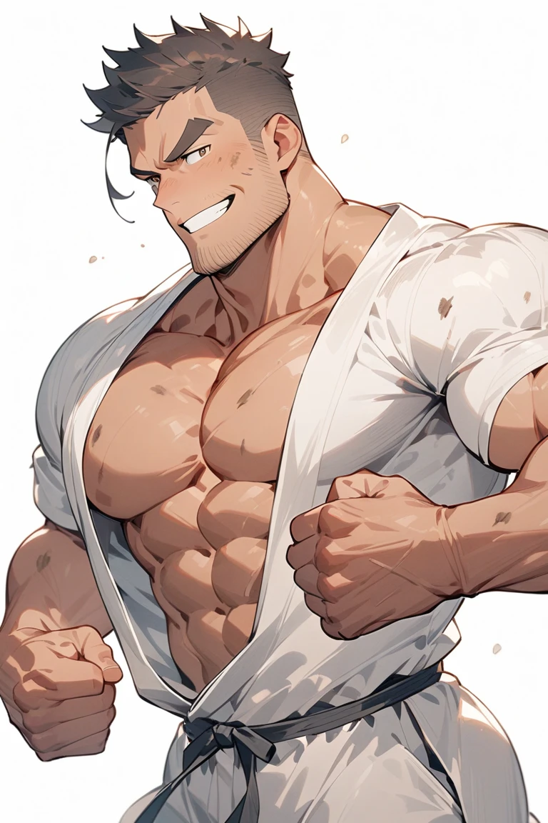 objection, ace attorney,1boy, abs, alternate muscle size, alternate pectoral size, bara, bare pectorals, black hair, collared shirt, hair slicked back, large pectorals, male focus, muscular, muscular male, nipples, objection, open clothes, open shirt, pectorals, pointing, pointing to the side, shirt, short hair, sideburns, solo, sweat, unfinished, upper body, white backgroundMuscular body, Imposing body, Imposing appearance, muscular arms, muscular legs, only body, trapezoid torso, sturdy body, muscular body, defined round and fleshy pecs, defined washboard ABS, defined arms, defined legs