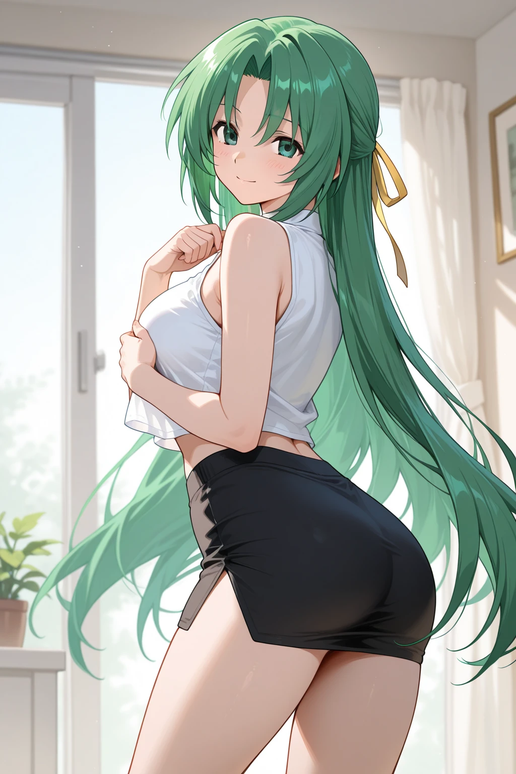masutepiece, Best Quality, 1girl in, (Sailor Neptune),Green head hair, (Green eye:1.2),((Sportsbra))、((Bike Pants))、length hair、((embarassed expression))、((Bedroom))、((posterior view))、((s ass))、((thigh-high socks))