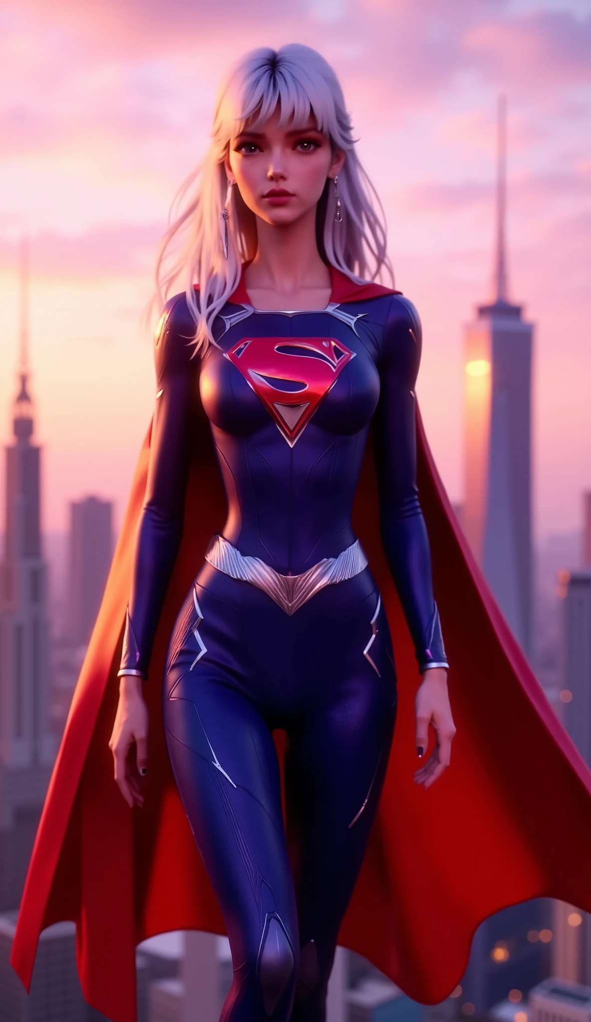 4k, realista, charismatic, muito detalhe, There's a girl at the top of town, vestindo o figurino da Supergirl, She's a super girl, white superhero theme, cabelo longo loiro, 25 anos, corpo inteiro,  (chubby:1.2),