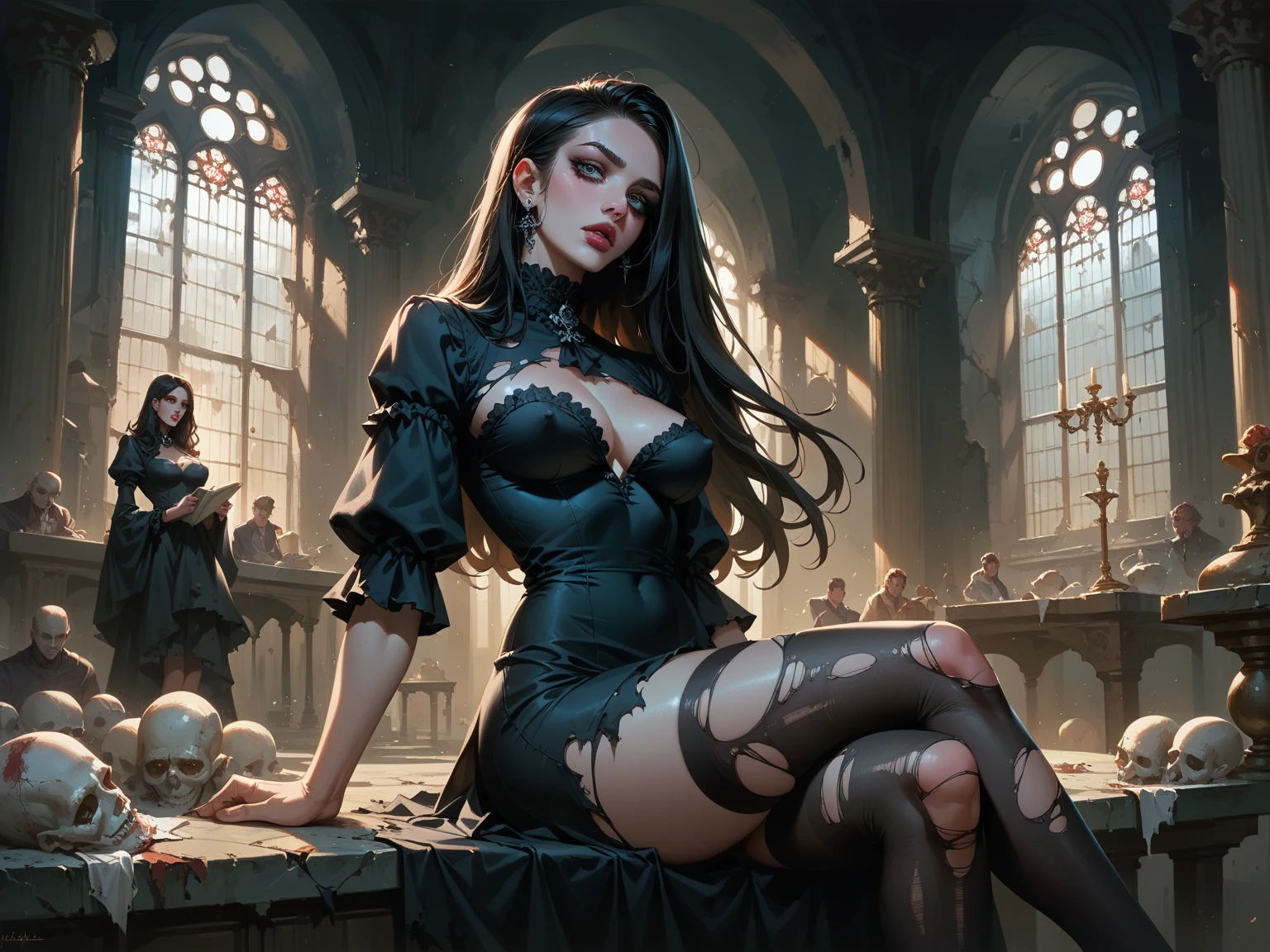 Style: Gothic noir: A vampire hunter working at an innovation company, inspired by Vampire: The Masquerade.
((Subject 1: 35-year-old millennial with short, wavy black hair, green eyes. Fan of Tolkien RPGs. Wears a gothic suit with a lace skirt and converse. Combines digital skills with occult knowledge.))
Scene: Modern office after work with hunting equipment on the desk. Noir blue-violet lighting. Technology meets occult elements. Sensual yet determined expressions. Cinematic framing with the aesthetics of the RPG World of Darkness.