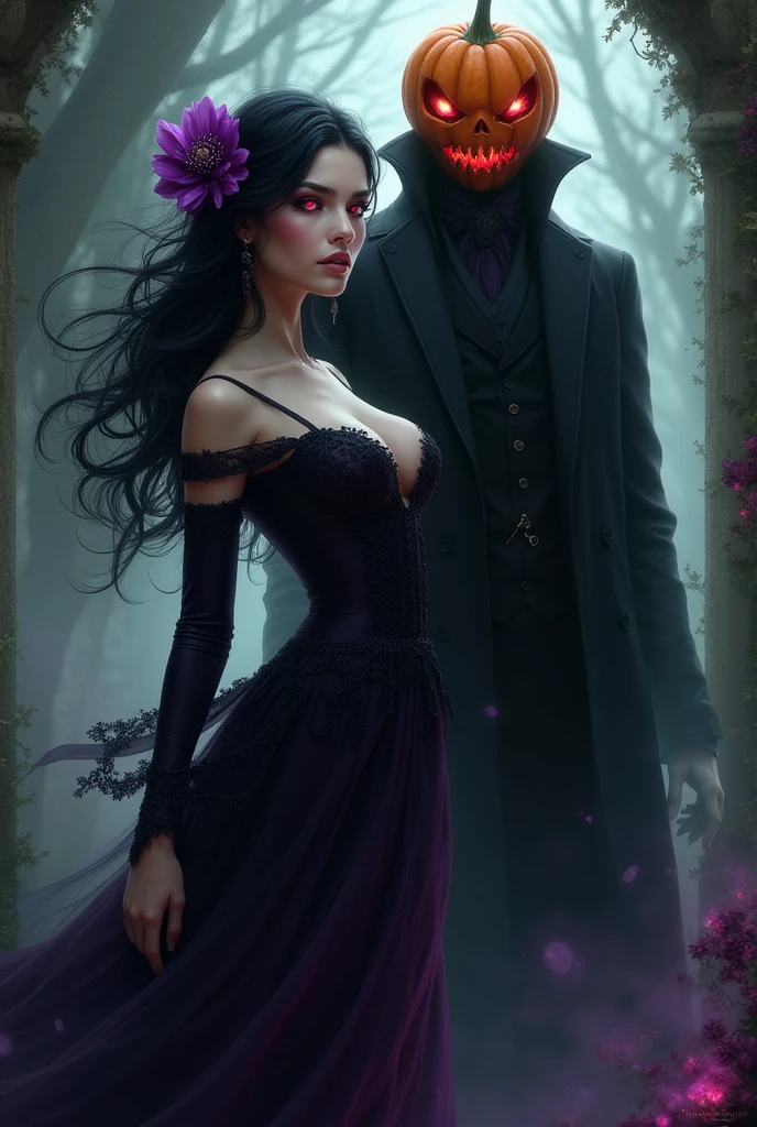 a beautiful girl, in a black saree, high heels, black gloves with sharp cat like claws, wearing a cat mask which covers her glowing green cat eyes with a cowl, her lips are covered with red lipstick, a cunning smile is on her face, she is ready to unleash her wrath upon her prey with a signature meow pose with her lover Catman looking more sensual
