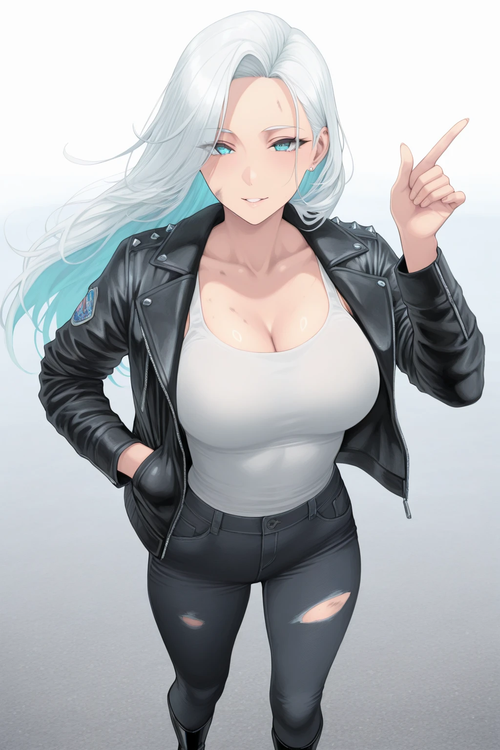 Full length shot, (fullbody shot), halo around the head, emptiness above the head, Beautiful Korean woman, white hair, long hair with bangs, hair lying flat, opinion, Pointing downwards, the model walks in front of the camera, (unbuttoned jacket and business shorts). (Nude body). (Large Breasts). beautiful slender body, nsfw