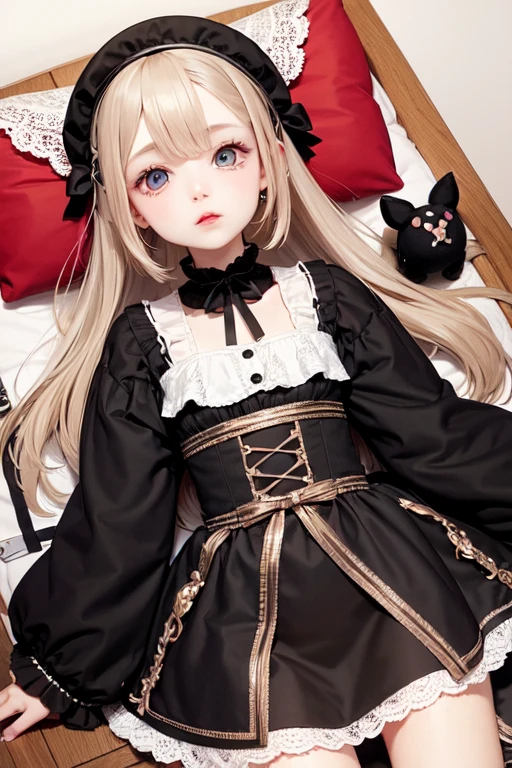 ((highest quality)), ((masterpiece)), (extremely detailed), kukolnydom, doll, mature woman, solo, cowboy shot, doll joints, sitting on bed, seductive smile, long hair, lace lingerie, bedroom, 8k