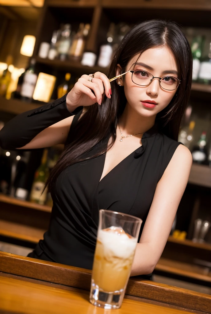 (masterpiece:1.2), high quality, high resolution, a 25-year-old man with short curly black hair, wearing glasses, no beard, smiling, wearing a navy blue jacket and black pants, a 21-year-old woman with long black hair, not wearing glasses, smiling, wearing a sleeveless white dress, drinking alcohol at a bar, enjoying their drinks, realistic, detailed, intricate, warm lighting, bar setting, realistic style