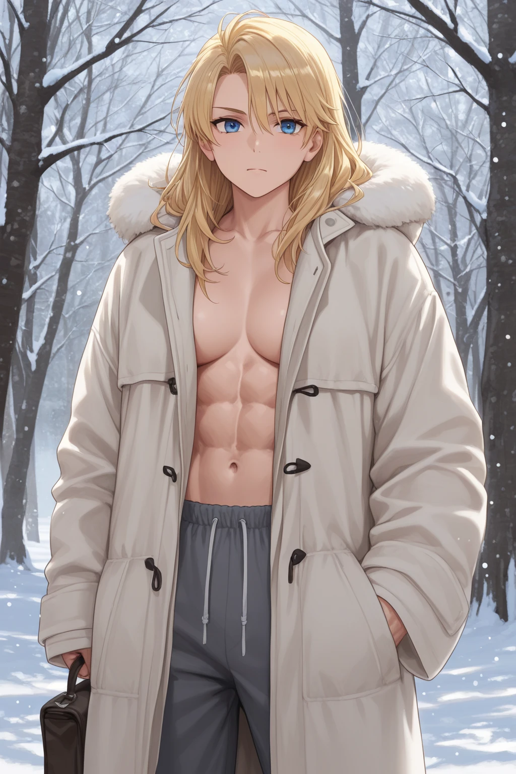 ((ultra detailed, masterpiece, absurdres))
 KHSora, 1boy, solo, muscular, brown hair, blue eyes, spiked hair,bare torso,  Ski lodge, winter setting, standing with snow-covered trees, cozy sweater in hand, warm charm, topless