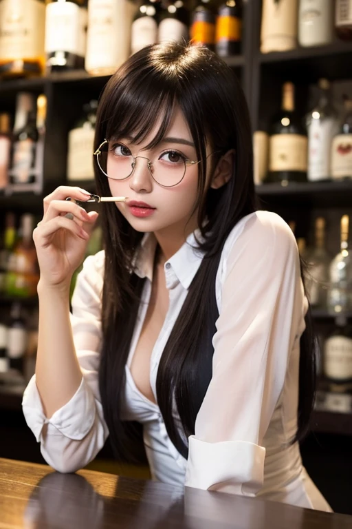 best quality, ultra-detailed, illustration,
sc1, scenery, night, lights, indoors, light, neon lights, couch, table,
1girl, glasses, black hair, long hair, black dress, drinking glass,