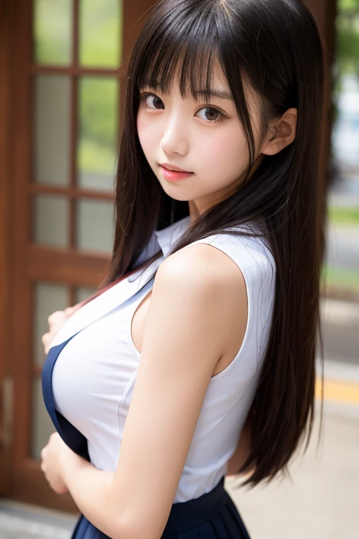 A junior high school student walking while looking away,Cleavage,A junior high school student wearing a V-neck short-sleeved tight knit,14 years old,Big breasts,Black Hair,Long Hair,(masterpiece:1.4),(highest quality:1.4),Chest close up,Yoshitomo Nara,mayuri shiina, Beautiful Japanese girl face,Beautiful Asian Girl, yasumoto oka,Shot from above,
