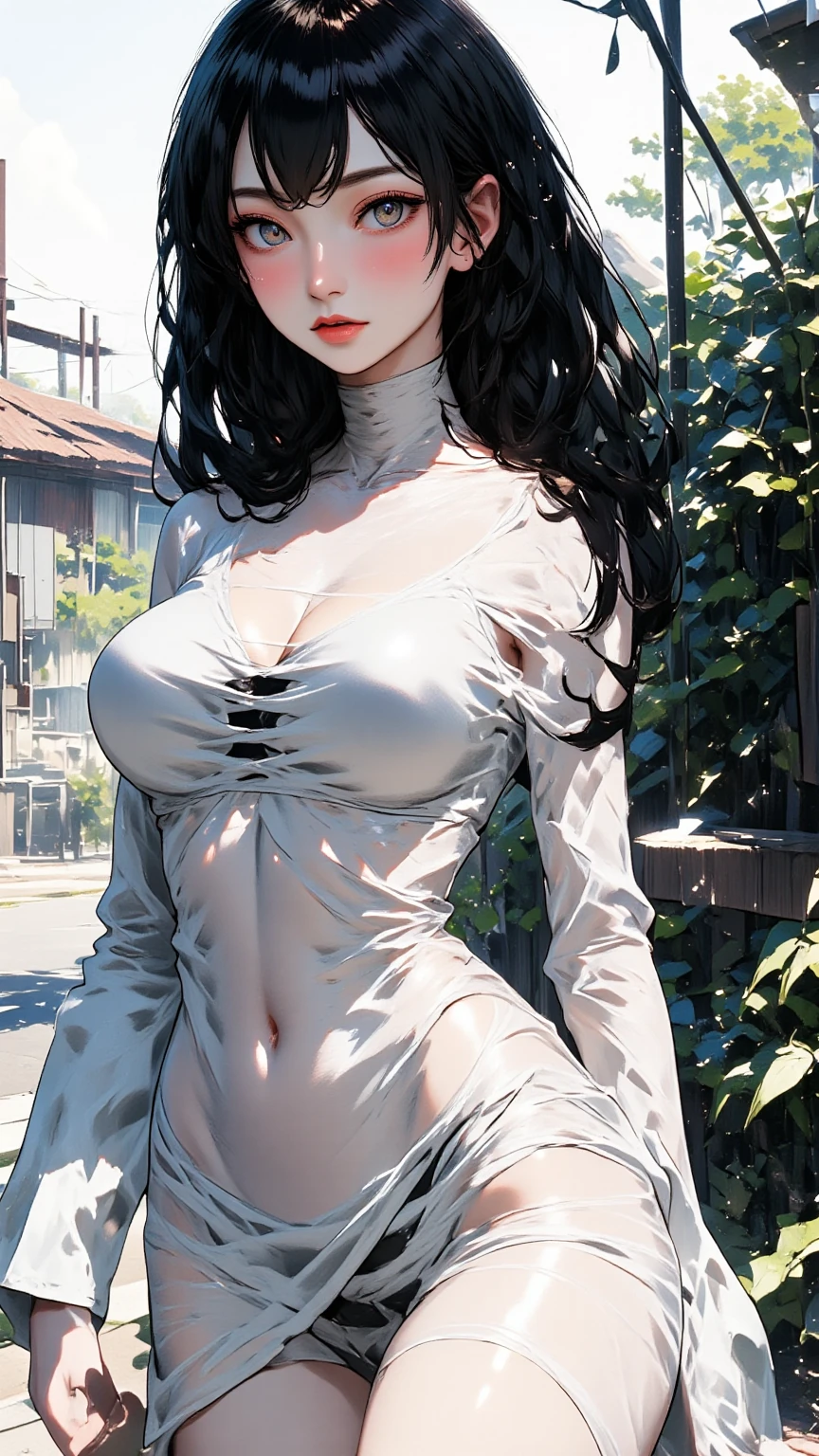 1girl,a beautiful fashion model ,(masterpiece, detailed background, best quality),short and shiny hair, black hair,smirk, lingerie, stripping, elegant makeup, exhibitionism, symbiote suit, extravagant makeup, slender body, soaked, wet skin dripping, white clothes, see through clothes, abs, toned body, blush