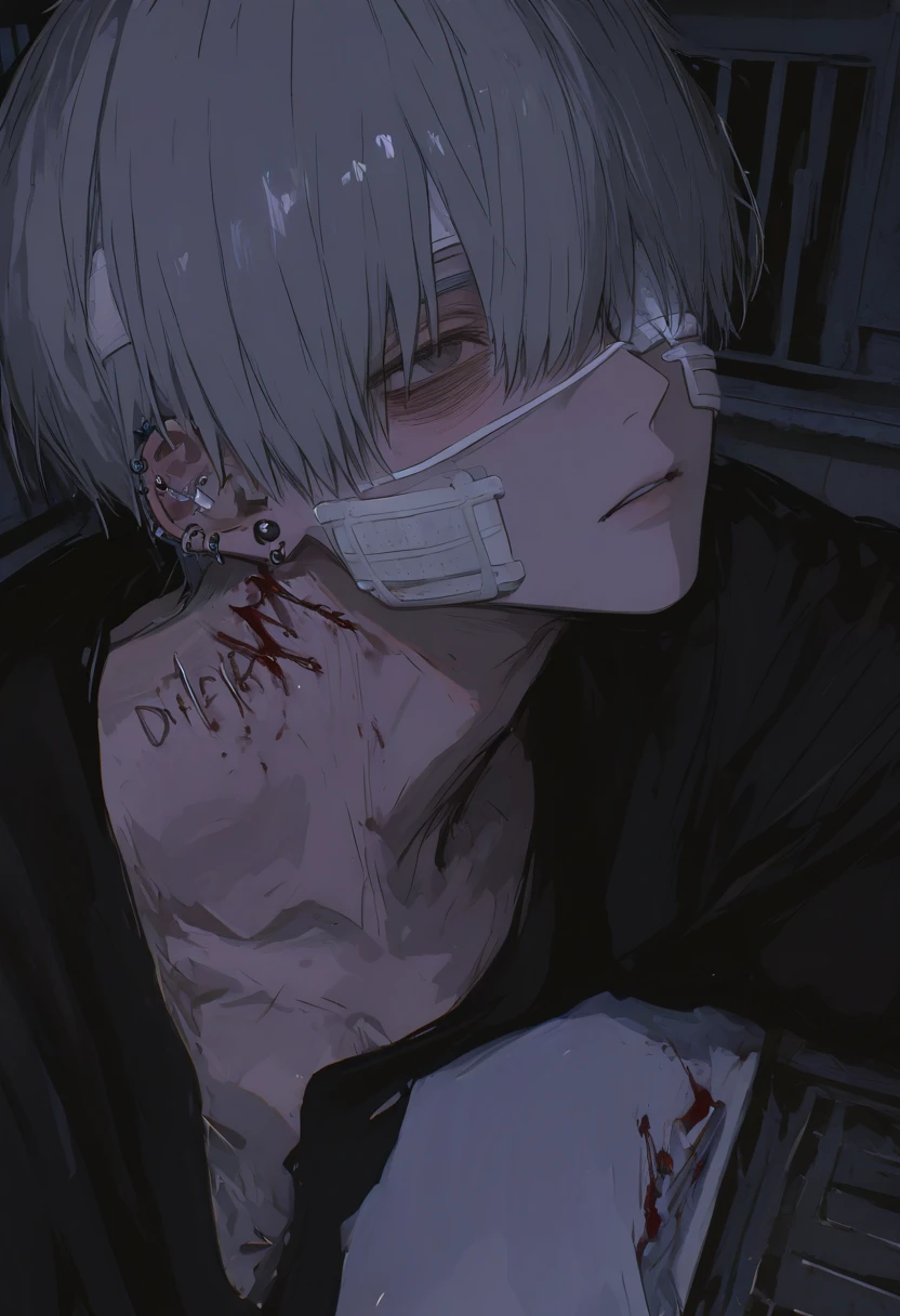 (ANIME ART STYLE),Man lying on ground, wearing black tshirt, white hair, blue eyes, blood in mouth and face, rock ground,
