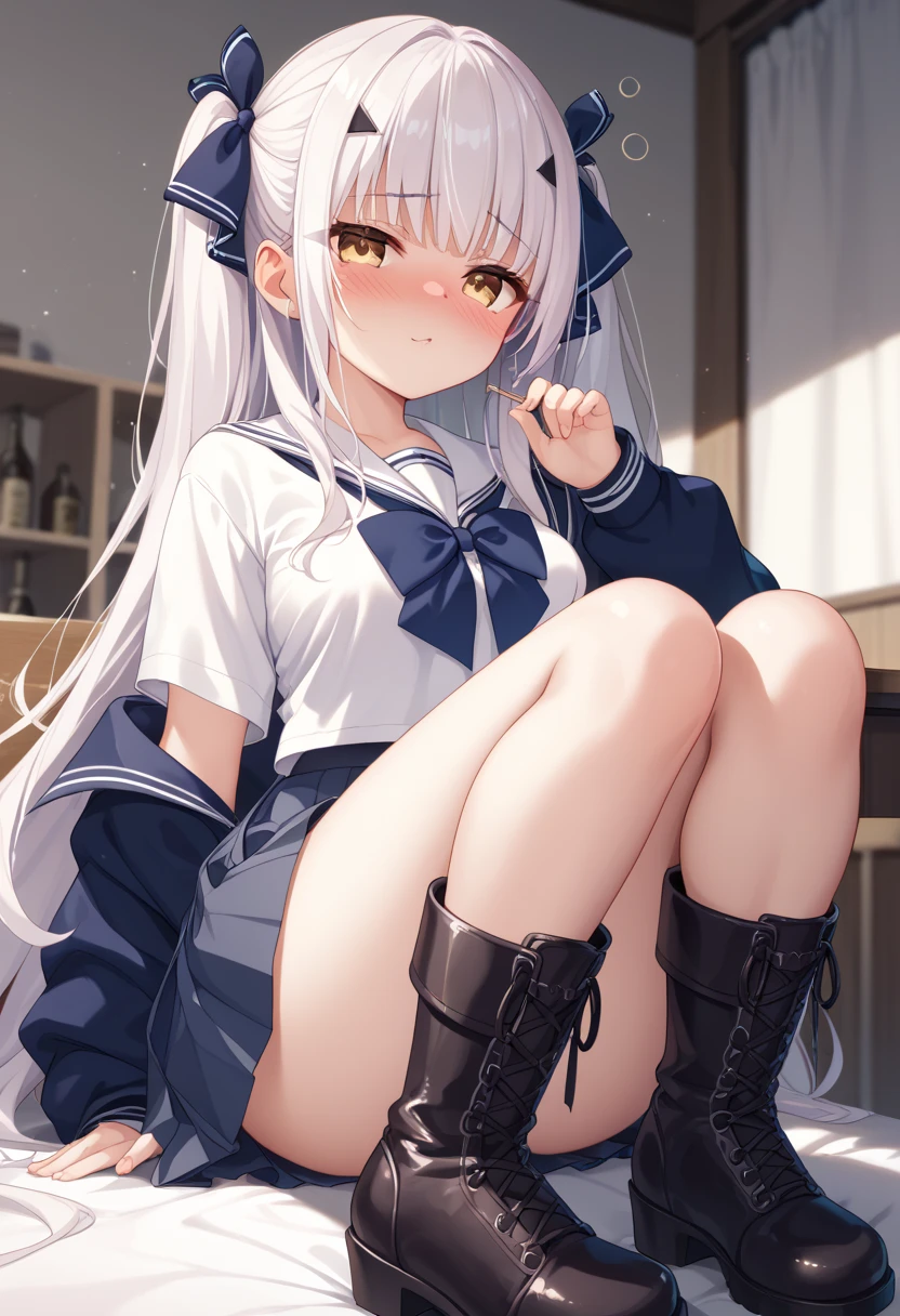 One girl, Knee socks,alone, Thigh-high boots, White shirt, Black Skirt, Black footwear, (((masterpiece,High resolution,Highest quality))), alone, I had already finished, On the table, Blonde, View your viewers, Open your mouth, alone, blush, Wet clothes, heart, Wet, (beret :1.8), short hair, (Rock vine:0.9), transformation, White panties, Butt, From behind, whole body, beautiful Butt, Beautiful thighs, Beautiful panties, hands On the table, School, clButtroom, machine、turn around、Cute face
