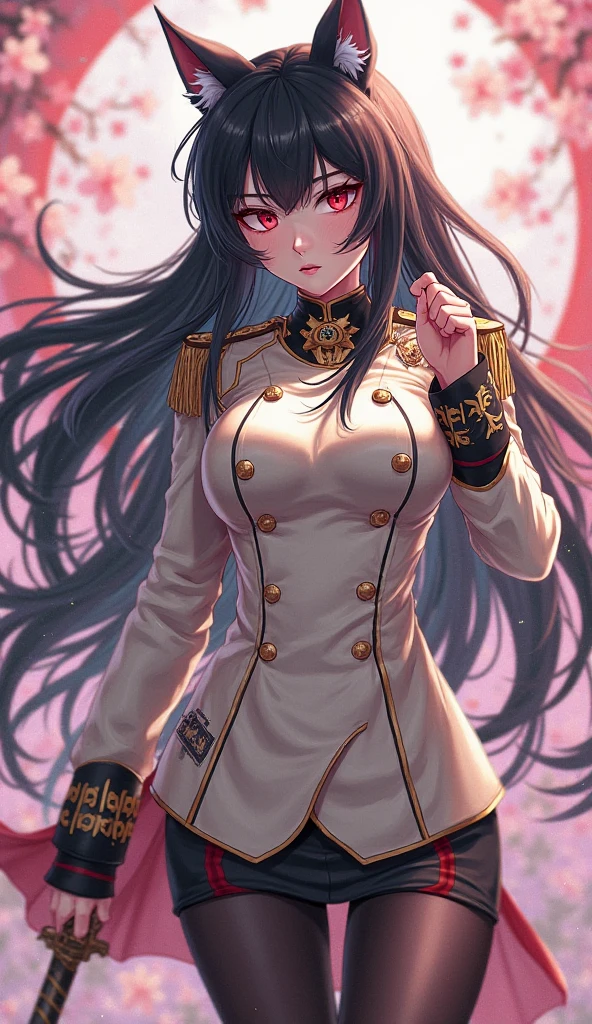 (masterpiece, best quality:1.2), illustration, 8k, hd, 1girl, solo, 1girl, ((tan, dark skin, black hair, wolf ears,)) Egyptian girl, black military uniform, yellow eyes, looking at viewer, roguish smirk, long hair, large , desert, thigh high boots, standing, black skirt, cowboy shot, golden palace,