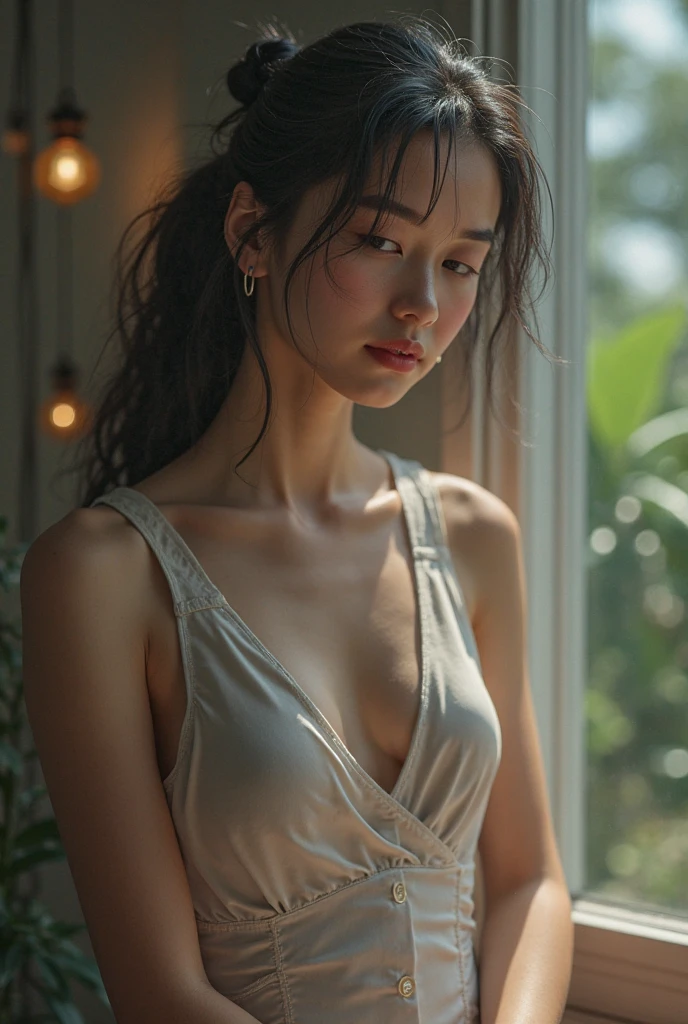 Super full body contour portrait, beautiful 11 ​​year old Malay girl, long messy hair, pale yellow skin, small flat breasts, wearing a gray nightgown (transparent, torn, dirty) with chest wide open, sitting on the sofa damaged, legs wide open (smooth vagina visible), very thin body 1.1 (body a bit dirty), in an abandoned building, damaged, filled with rubbish strewn about
