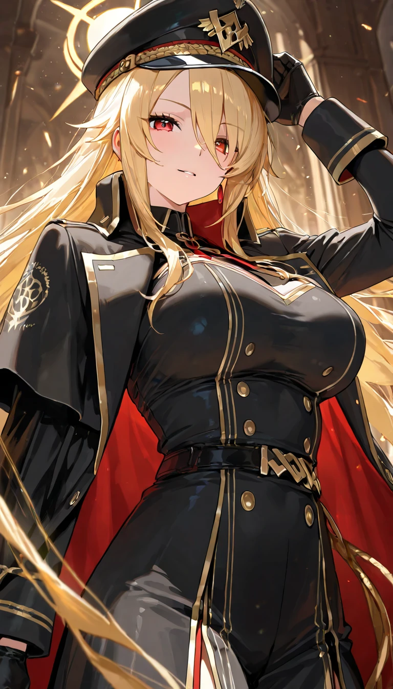 (hyper extreme detailed),(masterpiece),(hyper extreme),(photorealistic),CG,(colour:1.2), beautiful lighting,light from the front,rating:safe,solo, bismarck,blonde hair,long hair,red eyes,black_gloves,garter_straps,zettai_ryouiki,pleated_skirt,black_skirt,stoking,high_heels,black shrite,long_sleeves,black_cape,short_dress, wearing military hat, holding a sabre, looking lewd, sideboobs