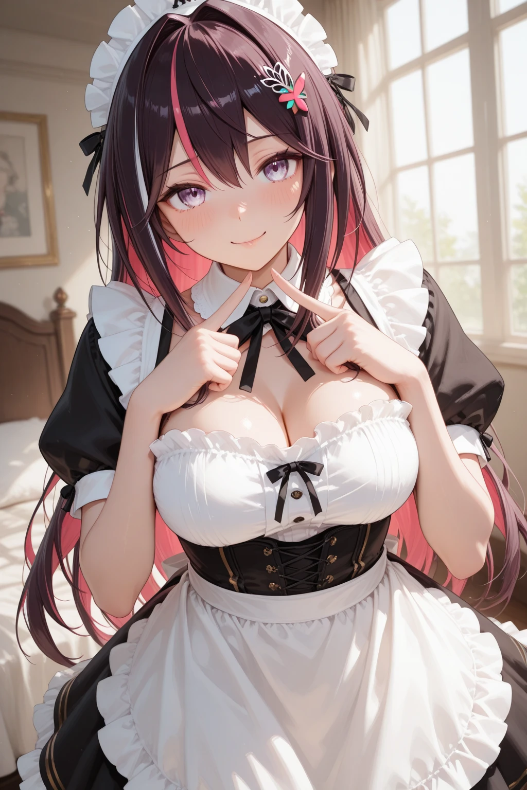 ((highest quality)), ((masterpiece)), ((Perfect Face))、Pink Hair、Braid、orgasm、Flushed face、Sweaty all over、Ahegao、Maid clothes