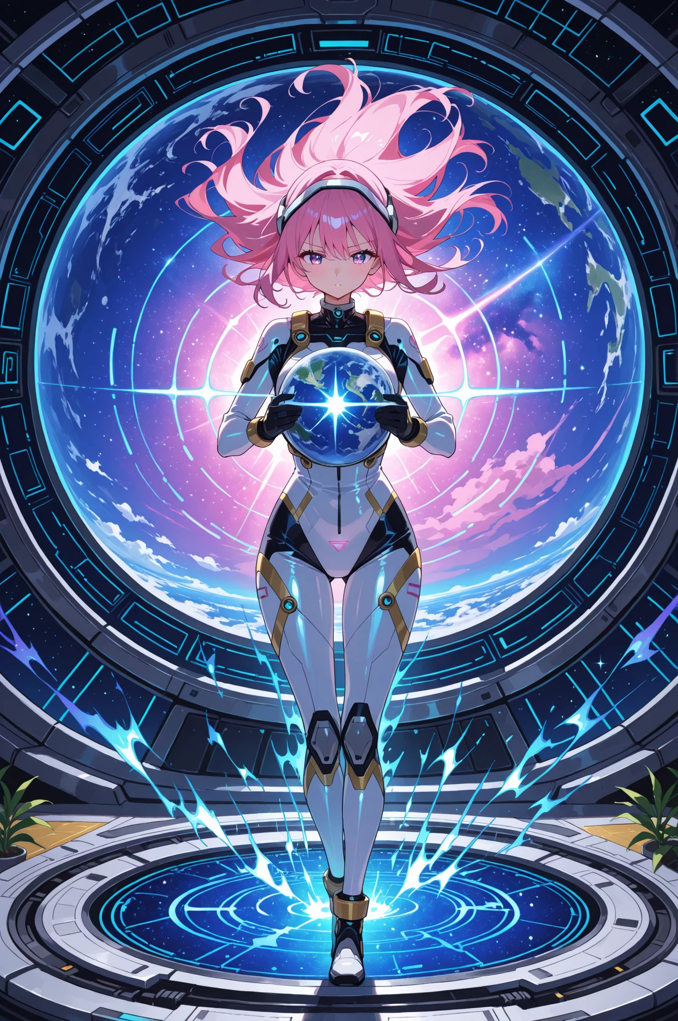 realistic, wallpaper, 1girl, solo, smile, cowboy shot, ultra detailed background, 
<lora:Aries_Spring_V1:1>, aries_spring, hair ornament, (heterochromia, yellow eyes, green eyes:1.3), pink hair, short hair,
white bodysuit, pink gloves,
galaxy, spacecraft, starry sky