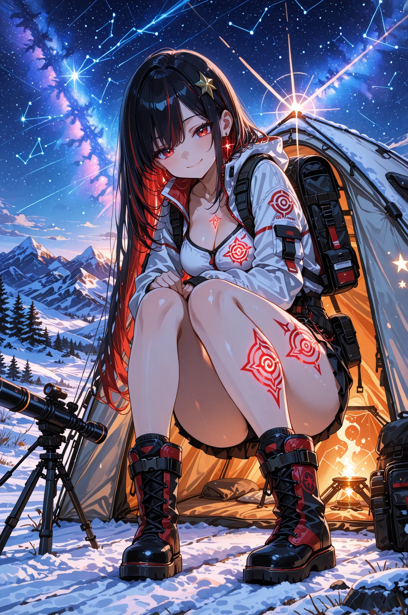 masterpiece, anime artwork, score_9_up, score_8_up, beautiful 20-year-old Japanese woman with captivating anime features, sultry confident smile showing mountain adventure allure, from an angle emphasizing alpine camping atmosphere during nighttime stargazing BREAK (black hair with copper highlights:1.3) waist-length straight hair with dramatic dual-tone coloring, black base with metallic copper streaks, hair flowing naturally in mountain breeze BREAK ruby red eyes with kaleidoscopic constellation patterns, passionate depths with stellar light reflections, iris featuring mountain peak mandala designs BREAK form-fitting thermal base layer with strategic cutouts, mountain climbing harness accentuating curves, practical expedition mini skirt with technical fabric, mountaineering boots with advanced grip technology BREAK upper body composition at mountain campsite, confident alpine climber posture with stargazing equipment, thermal clothing revealing natural curves and strategic cleavage, seductive mountain adventurer presence BREAK high-altitude mountain campsite with professional climbing tents, star-filled sky with visible Milky Way, snow-capped peaks illuminated by moonlight, portable telescope equipment with precise adjustments, camping gear arranged with mountaineering expertise, distant valley lights creating depth perspective BREAK moonlight mixing with starlight illumination, tent interior lighting with warm LED glow, snow reflection creating natural brightness, multiple light sources from astronomical equipment, flat anime style with alpine adventure color palette and high-altitude romance atmosphere, bilateral energy aura rising gently from shoulders
