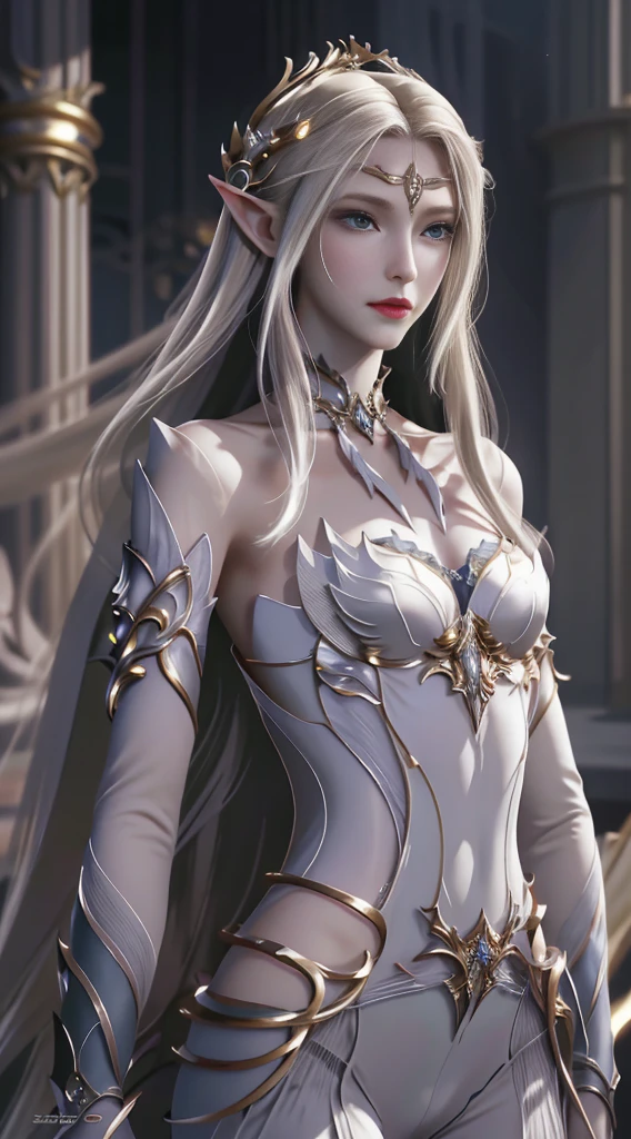 A woman who is,Long blonde shoulder-length hair flutters in the wind,Bare shoulders,Exquisite facial features,Soft face lines,with fair and smooth skin,Eyes are as bright as jewelry,Ruddy lips,Perfect figure,mediuml breasts,cleavage,Gold and silver line art,Gorgeous armor,Openwork design,耳Nipple Ring,choker necklace,Bracelet,Silver hair ornament,exteriors,standing on your feet,Look ahead,独奏,simplebackground,