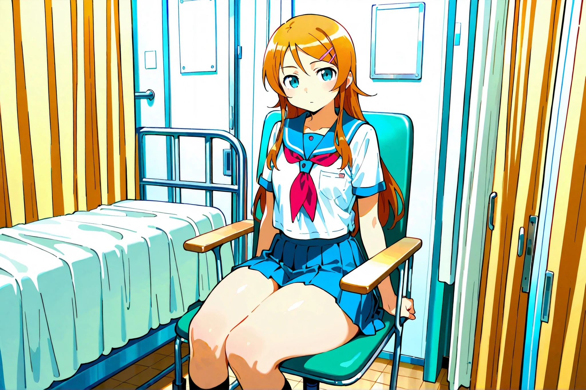 Expressionless kousaka kirino, serafuku, blue pleated skirt,short sleeves, red neckerchief,black socks, infirmary,sitting on chair,thick thighs,looking at viewer