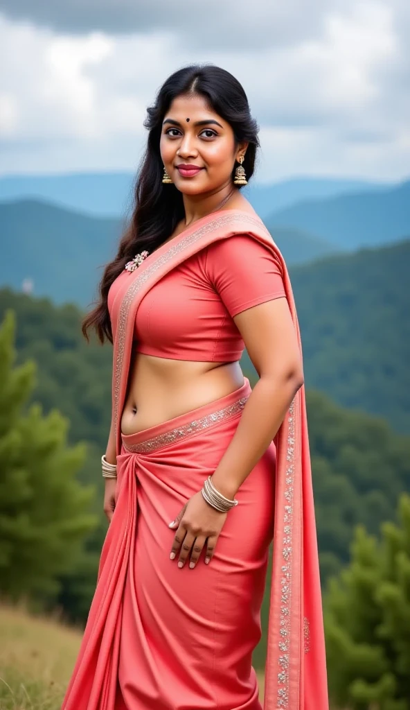 Indian bhabhi ji , (body brode pelvic fat less body big breasts beutifull square face shape wering saree in winter snow fall seen moonlight hip shot