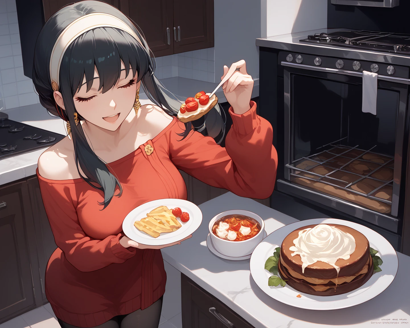 the best,On the table,Ultra-high quality,Realist,girl and cat,(beautiful face 1.4),(Lots of delicious food on the table),(( Beautiful woman eating food)),Solitary,breast,Realist,Silky long hair,(brown hair),