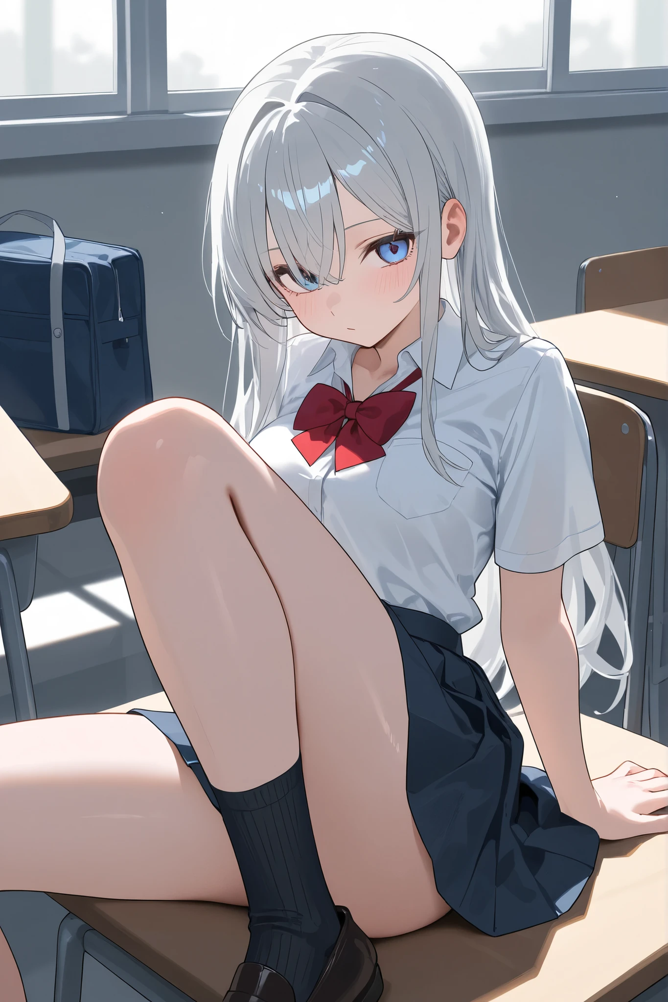 (realistic, photo realistic:1.2), ((highest quality)), move the center of gravity backwards, pretty embarrassing, Alisa Mikhailovna Kujou, ahoge, long hair, grey hair, hair intakes, hair ribbon, red ribbon, sidelocks, hair between eyes, bangs, blue eyes, White Pantyhose, white panties, (show panties:1.4), (Panty shot:1.3), (pull up the skirt:1.3), sit on desk, class room, spread legs, knees up, beautiful face details, real human skin, gentle expression, Front view, angle from below, realistic, photorealistic, whole body, (looking at the viewer:1.2), From before, from below