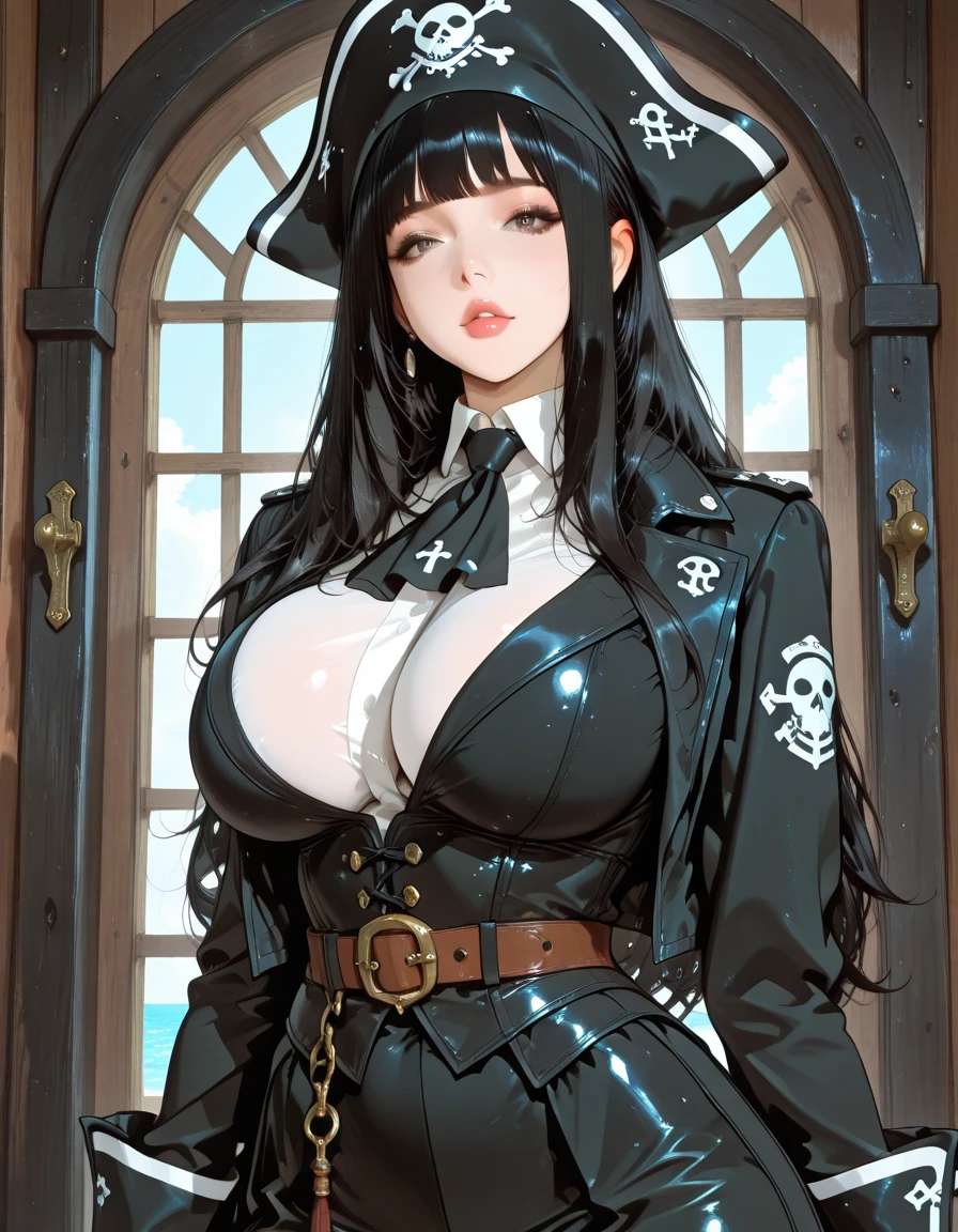 an  woman with the bearing of a madame i , Gothic,big breasts , earrings , sharp jawline ,black hair,blush,black eyes, necklace ,wavy blunt hair,hair brochure, lipstick, black tattoo,hunter eyes,eye patch,pirate cap,pirate accessories,boots,skull tattoo between breasts,