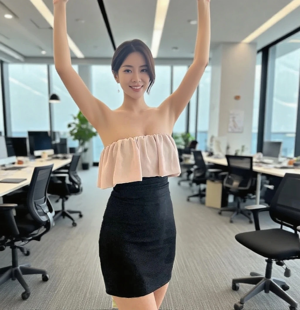 4K, Ultra-high resolution,RAW Photos,masterpiece, Highest quality,Realistic, photoRealistic,Sharp focus,Professional Lighting,Beautiful Eyes,Beautiful Face,photoRealistic,masterpiece,Highest quality,
a sexy 45 yo beautiful japanese woman in the office, ((smile)),Semi-long hair,
 (Sophisticated and modest clothing for a 45-year-old woman:1.5),
Mega , Cleavage,
Are standing,((Underarm:1.2))
Wearing high heels,(((Tight Skirt))),((Sleeveless blouse)),
((office)),
morning,
((Front view:1.2)),((From below)),((Low position)),
Earrings,necklace,Detailed eyes,
office,window