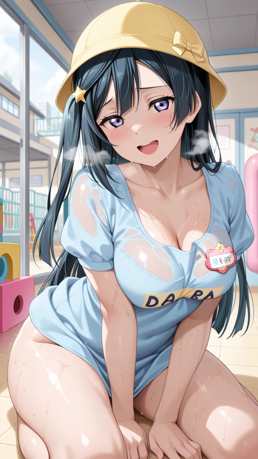 Boys in background,matsuura kanan, striped bikini, topless, bracelet, sexy, in arcade, areola slip,sweating,(sweat drops), soaked in sweat, netorare ,solo,fat, in public, earrings, sitting, one leg up, cum on breasts,(cum on face:1.3)