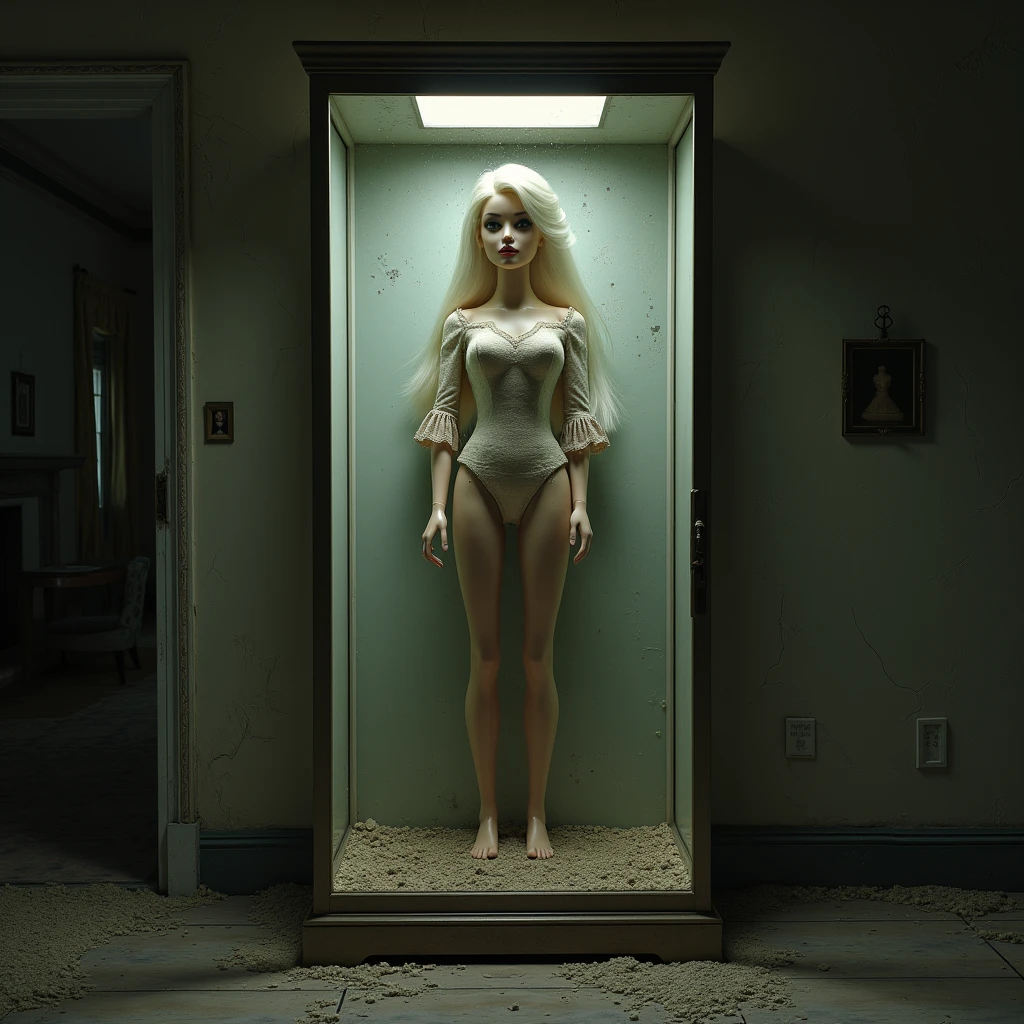 Female clone for sexual use, packed in a duralumin case with urethane cushion, she is sandwiched between the urethane cushion and stands upright in the duralumin case, superhuman beauty, ultimate beauty, wearing a very pale pink lace luxury bodysuit, beautifully crafted bodysuit, detailed duralumin case, she is standing upright, beautiful, seductive and exquisite face that makes men erect, seductive and exquisite eyes that make men erect, seductive and exquisite lips that make men erect, long eyelashes, seductive white skin that makes men erect, seductive and exquisite body parts that make men erect, seductive and exquisite décolleté that makes men erect, seductive and exquisite large breasts that make men erect, seductive and exquisite navel that makes men erect, seductive and exquisite crotch that makes men erect, seductive and exquisite thighs that make men erect, detailed duralumin case lid, luxury, glowing candlelight, sensual lighting, vibrant colors, cowboy shot, atmospheric perspective, depth of field, Hyperrealism, Realism, anatomically correct, textured skin, best quality, UHD, highres, masterpiece, accurate, 8k, 16k