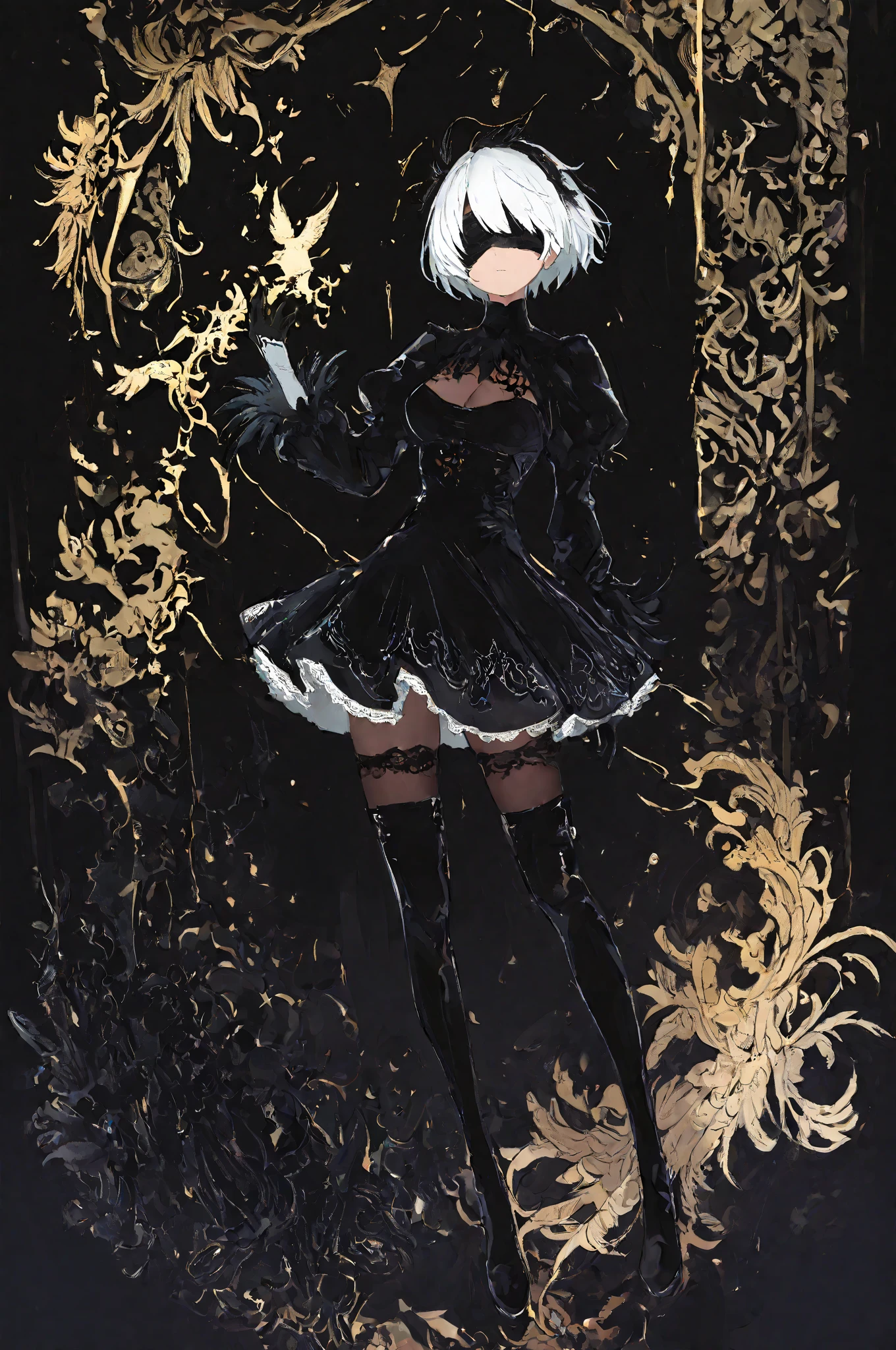 black dress, feather-trimmed sleeves, thigh boots , lace trim, long sleeves, ,2b_outfit, ,砂漠の遠景、生活をする人々、