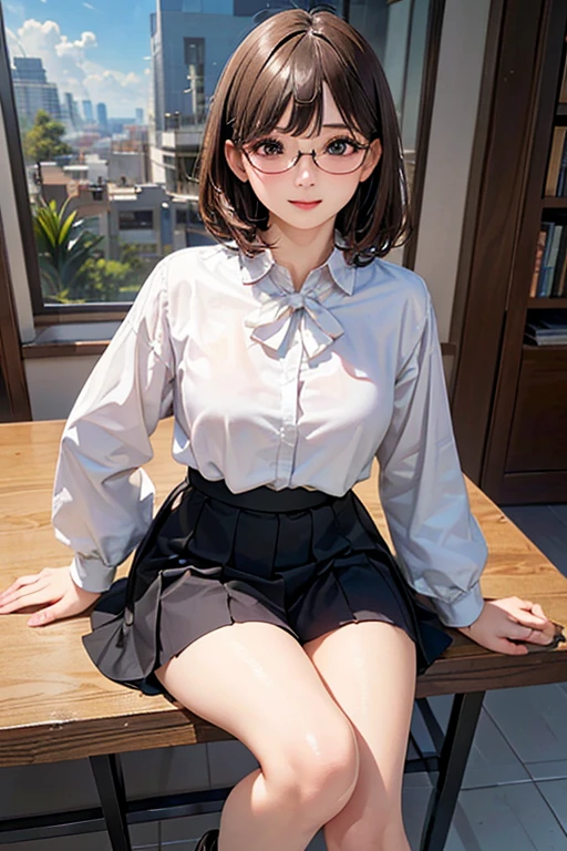  (Shot from below), Put your arms down, ((Shoulder-length straight bob hair:1.3)), (Black Hair:1.2),(Tearful face:1.2), (Adult female:1.4), 8k, Tabletop, RAW Photos, highest quality, Realistic, Very detailed, ((Very detailed肌)), (Leg Focus Shot:1.5), 20-year-old, (Medium chest:1.2),(Black mini skirt, Black realistic pantyhose,White knit sweater:1.4), White panties,(Standing in front of a desk in the library:1.2), Rimless Glasses