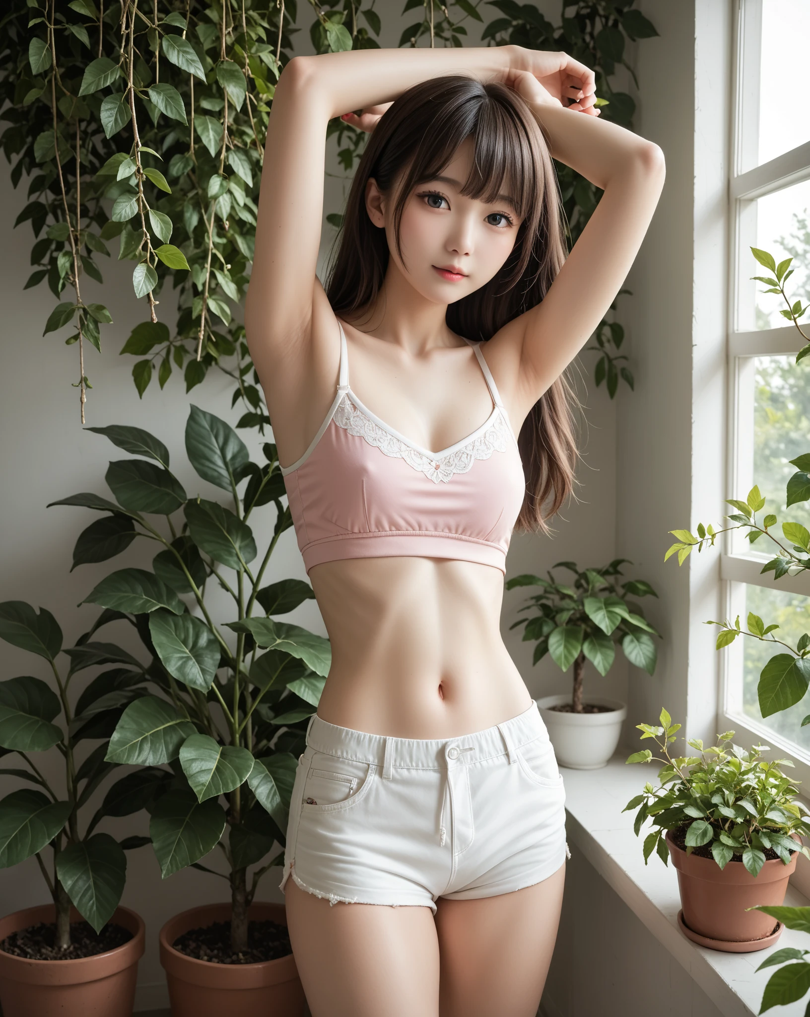 (Highest image quality, Highest image quality, Super A High Definition), (Raw photo, Realism 1.4), (flat chest), Fine skin, Fine face, Cute, AKB Girl, Teen Girls, Small breasts, Perfect Skin, thighs thighs thighs thighs, Medium Hair, Perfect, Brown hair, Brown eyes, Gravure Pose、Full body, (((Spread)), shiny, ((Cropped tank top in pastel colors))、panties on, Backshots、Smile,