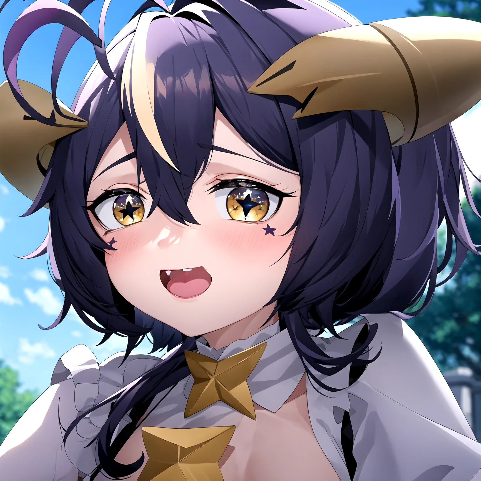 score_9, hiiragi_utena, 1girl, solo, purple hair, yellow eyes, +_+, close-up, upper body, horns, outdoors, ahoge, short hair, purple hair, long sleeves, puffy sleeves, medium breasts, star_pasties, wings, corset, looking at viewer, smug <lora:Hiiragi_Utena-demon_clothes-XL-pony:0.7>